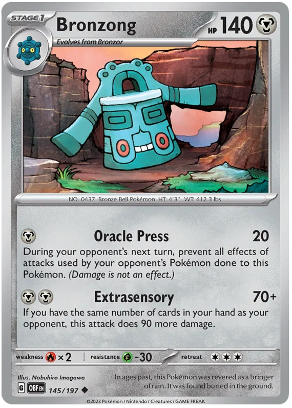 Bronzong common kaart nummer 145 uit de Pokemon Obsidian Flames set
