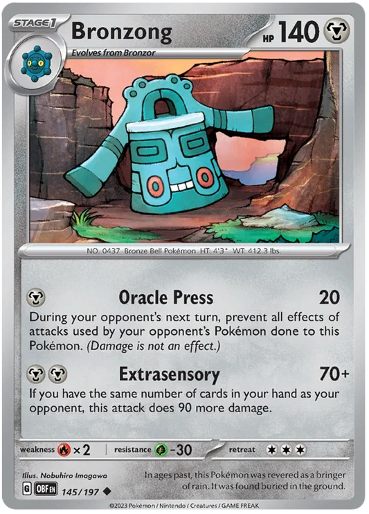 Bronzong common kaart nummer 145 uit de Pokemon Obsidian Flames set