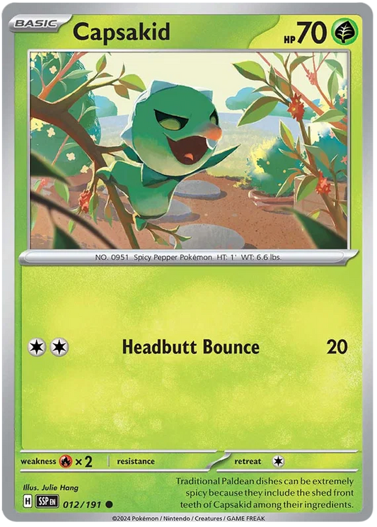 Pokemon kaart Capsakid common uit de Surging Sparks set, kaartnummer 012