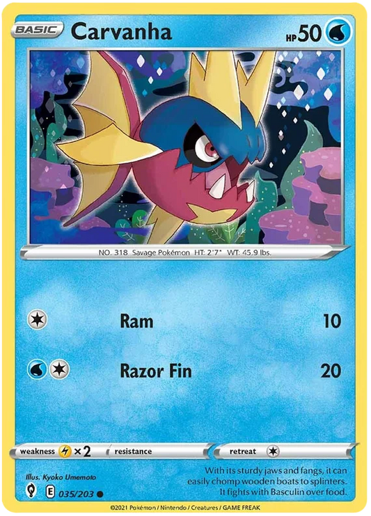 Pokémon Carvanha common kaart 035/203 uit de Evolving Skies set met waterenergie aanvallen Ram en Razor Fin