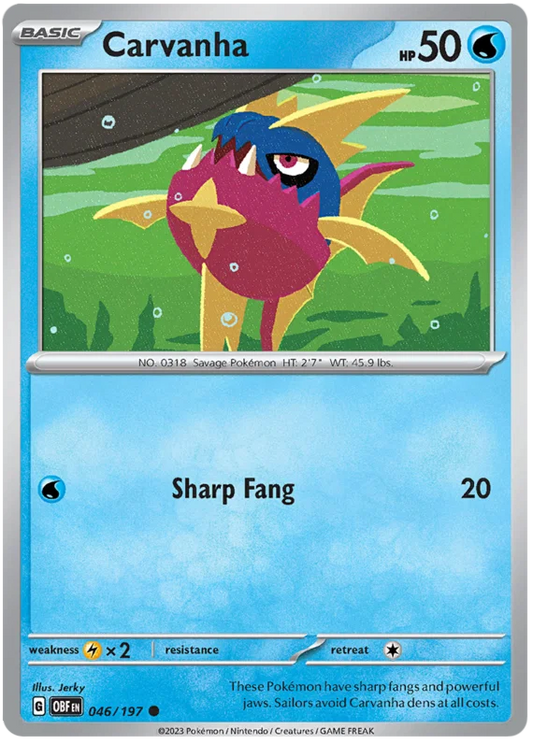 Pokémon Carvanha common kaart #046 uit de Obsidian Flames set