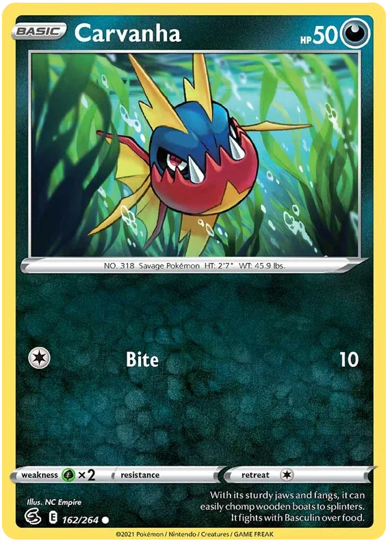 Carvanha common kaart uit de Pokémon Fusion Strike set, nummer 162/264