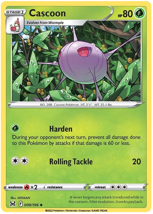 Pokémon Cascoon common kaart 009/196 uit de Lost Origin set met Harden en Rolling Tackle