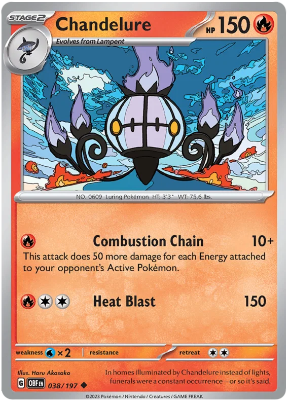 Chandelure common kaart nummer 038 uit de Pokémon Obsidian Flames set