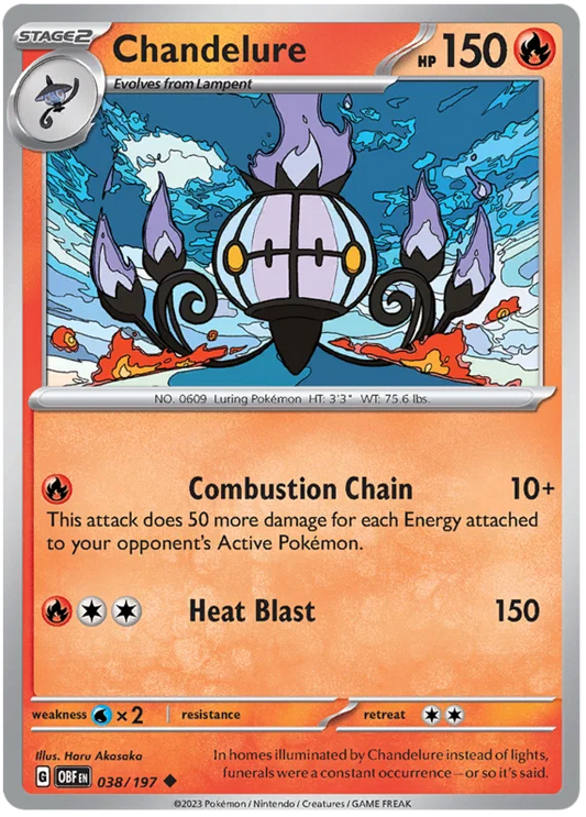 Chandelure common kaart nummer 038 uit de Pokémon Obsidian Flames set