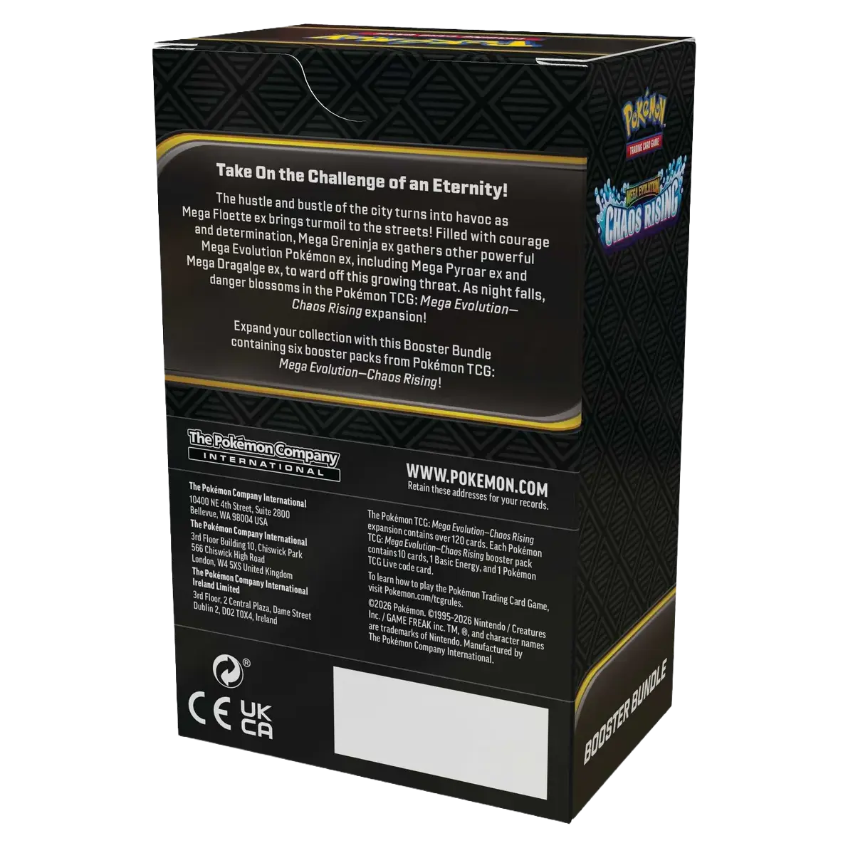 Achterkant van de Chaos Rising Booster Bundle verpakking met officiële productinformatie