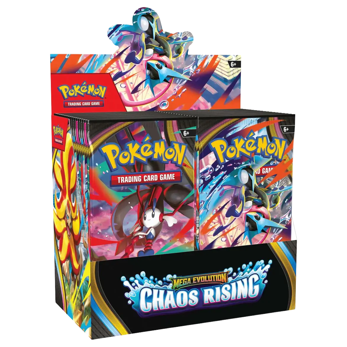 Geopende Pokémon TCG Chaos Rising Booster Box met 36 booster packs in display