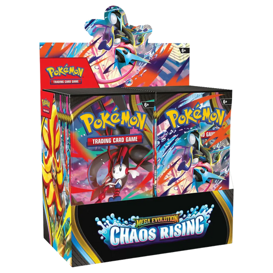 Geopende Pokémon TCG Chaos Rising Booster Box met 36 booster packs in display