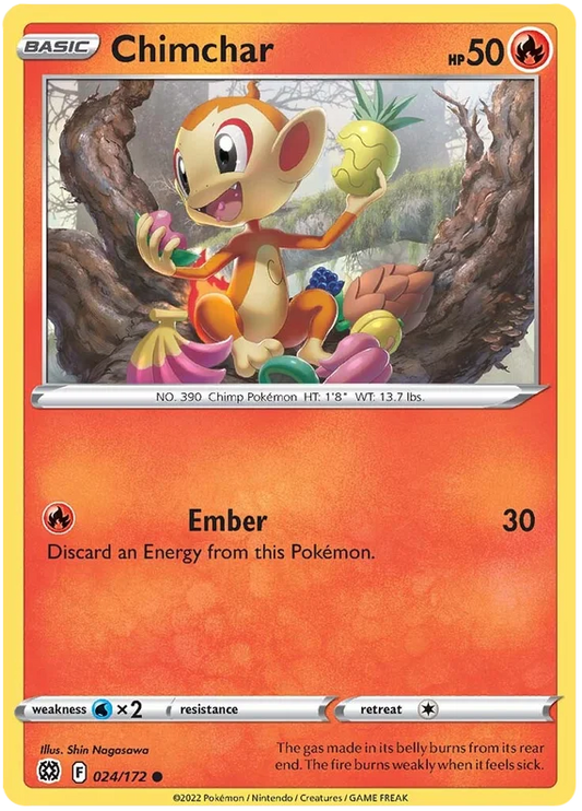 Pokémon Chimchar 024/172 common kaart uit de Brilliant Stars set met Ember aanval