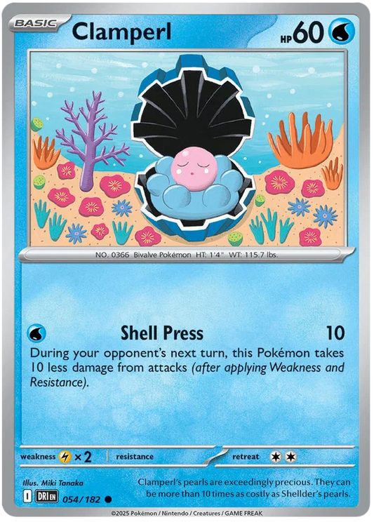 Clamperl common Pokémon kaart uit de Destined Rivals set, kaartnummer 054