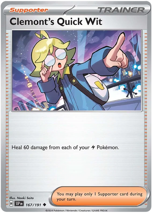 Clemont's Quick Wit Pokémon kaart nummer 167 uit de Surging Sparks set