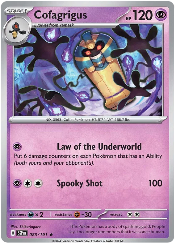 Cofagrigus common kaart nummer 083 uit de Pokémon Surging Sparks set