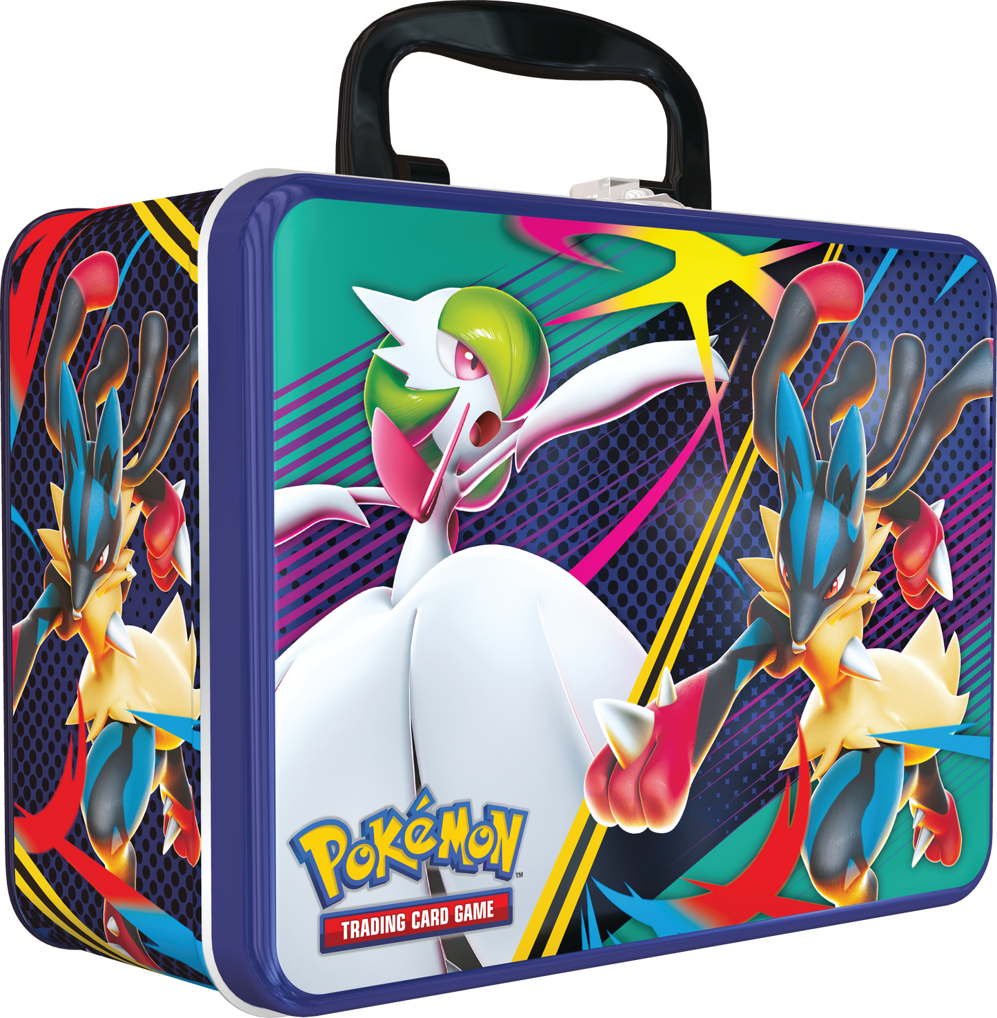 Pokémon Collector’s Chest Tin 2025 Fall – Mega Gardevoir & Mega Lucario met 6 boosterpacks, holo kaarten (Ralts, Kirlia, Riolu), Mega Lucario munt, 4 stickervellen en mini portfolio.
