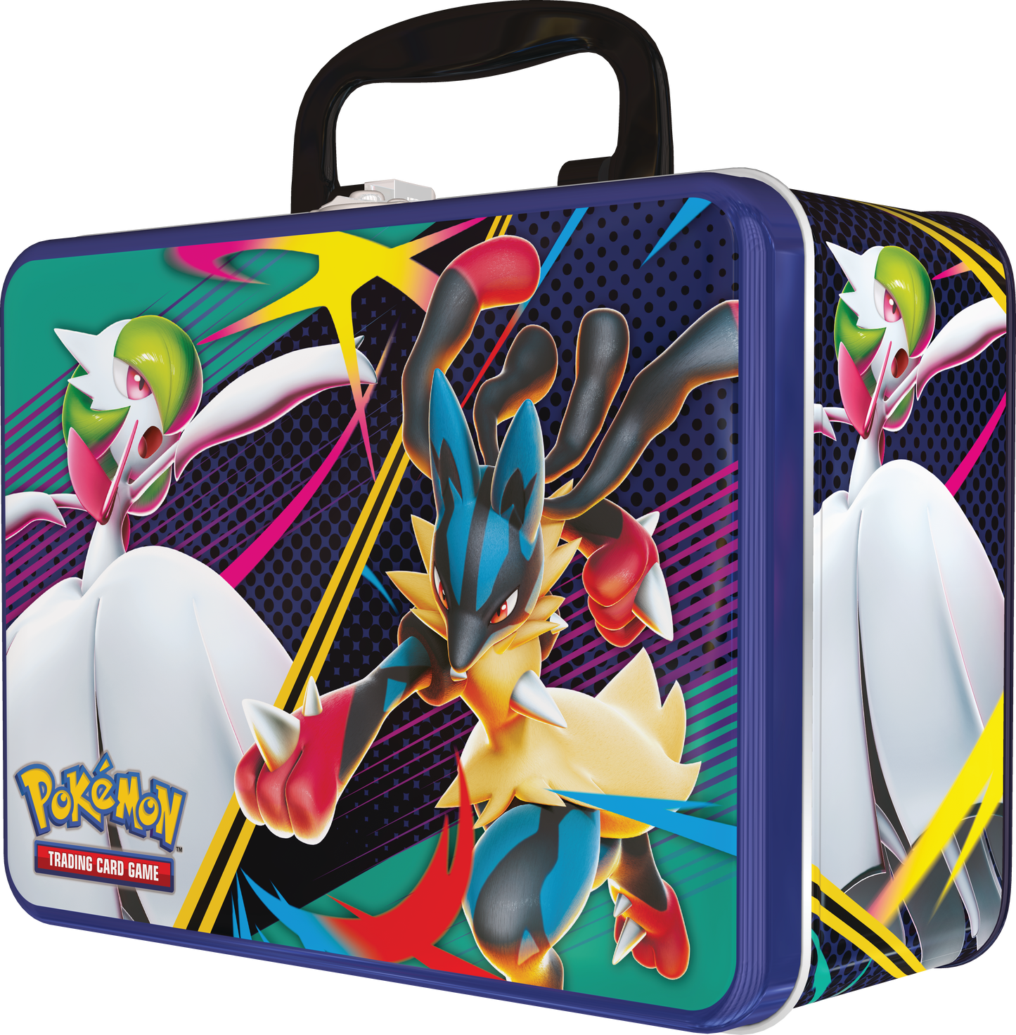 Pokémon Collector’s Chest Tin 2025 Fall – Mega Gardevoir & Mega Lucario met 6 boosterpacks, holo kaarten (Ralts, Kirlia, Riolu), Mega Lucario munt, 4 stickervellen en mini portfolio.