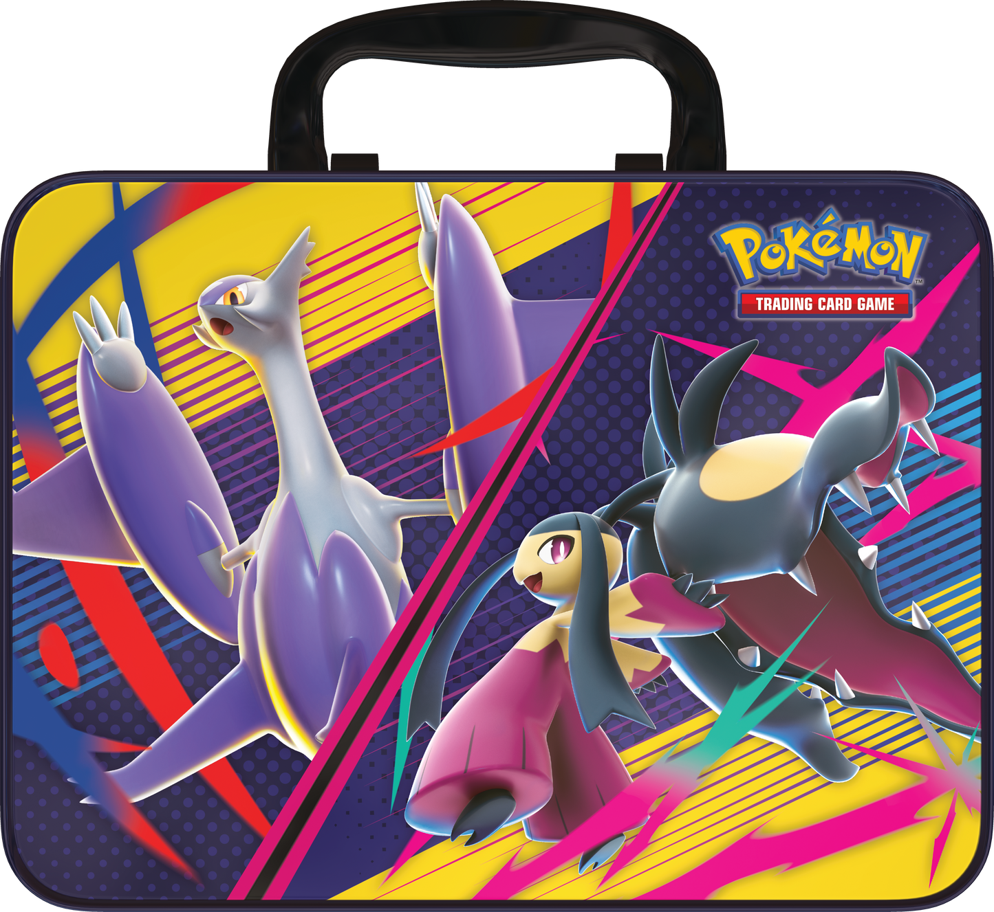 Pokémon Collector’s Chest Tin 2025 Fall – Mega Gardevoir & Mega Lucario met 6 boosterpacks, holo kaarten (Ralts, Kirlia, Riolu), Mega Lucario munt, 4 stickervellen en mini portfolio.