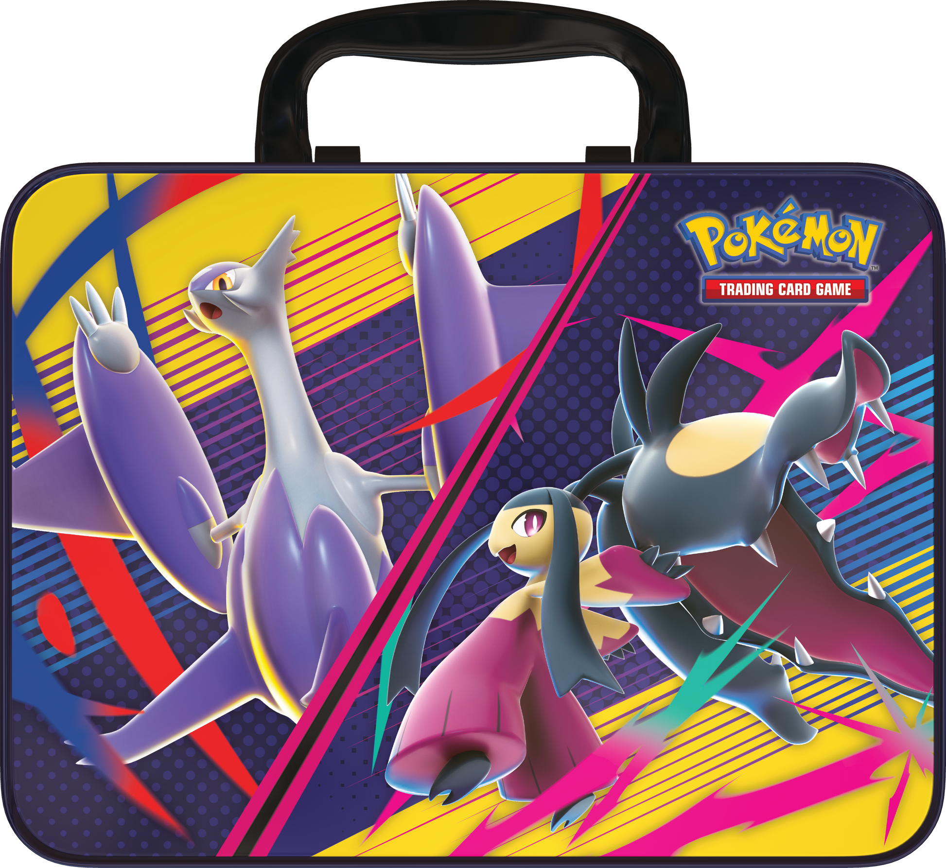 Pokémon Collector’s Chest Tin 2025 Fall – Mega Gardevoir & Mega Lucario met 6 boosterpacks, holo kaarten (Ralts, Kirlia, Riolu), Mega Lucario munt, 4 stickervellen en mini portfolio.