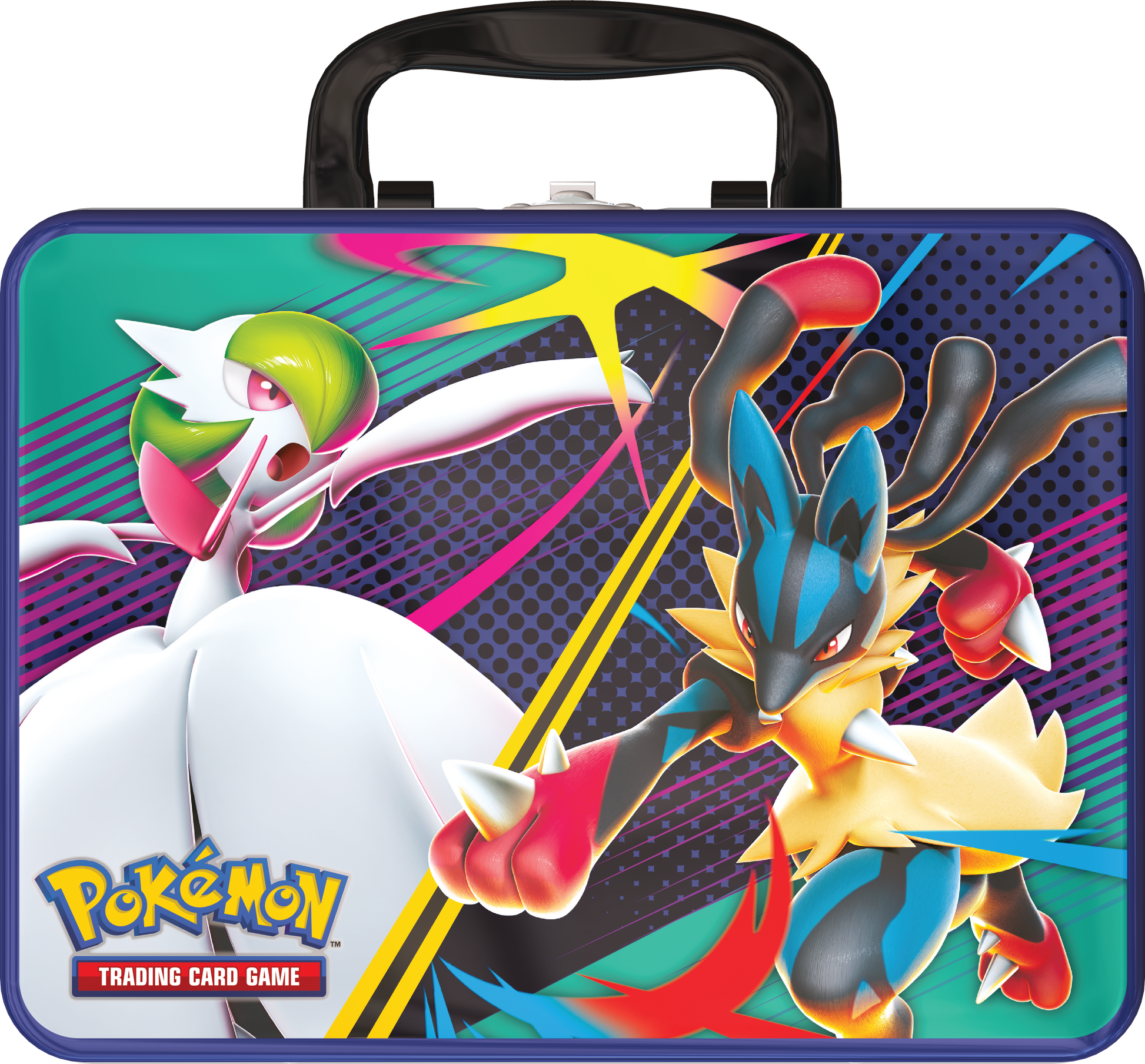 Pokémon Collector’s Chest Tin 2025 Fall – Mega Gardevoir & Mega Lucario met 6 boosterpacks, holo kaarten (Ralts, Kirlia, Riolu), Mega Lucario munt, 4 stickervellen en mini portfolio.