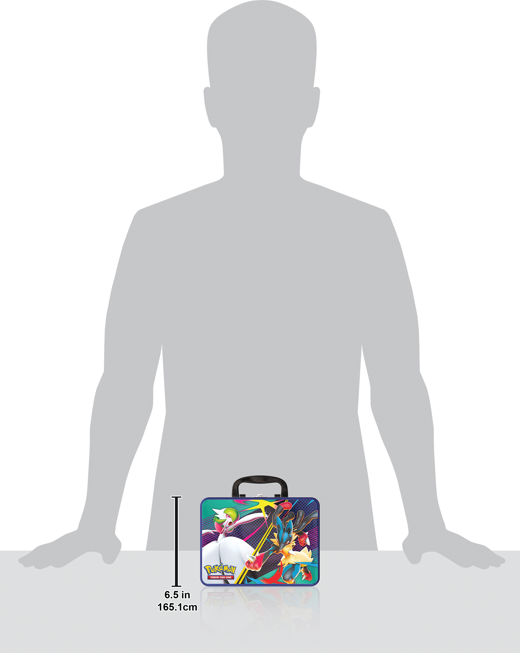 Pokémon Collector’s Chest Tin 2025 Fall – Mega Gardevoir & Mega Lucario met 6 boosterpacks, holo kaarten (Ralts, Kirlia, Riolu), Mega Lucario munt, 4 stickervellen en mini portfolio.