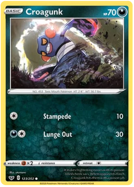 Croagunk common kaart nummer 123/202 uit de Pokémon Sword & Shield set