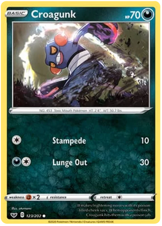 Croagunk common kaart nummer 123/202 uit de Pokémon Sword & Shield set