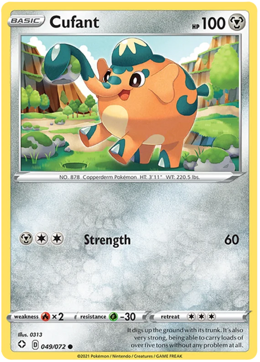 Pokémon kaart Cufant common uit de Shining Fates set met HP100 en de aanval Strength