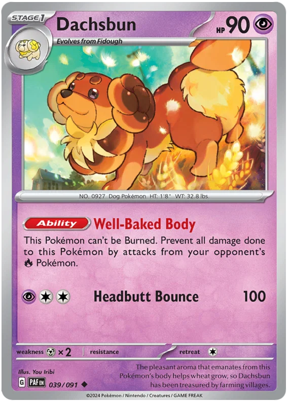 Pokémon Dachsbun common kaart nummer 039 uit de Paldean Fates set