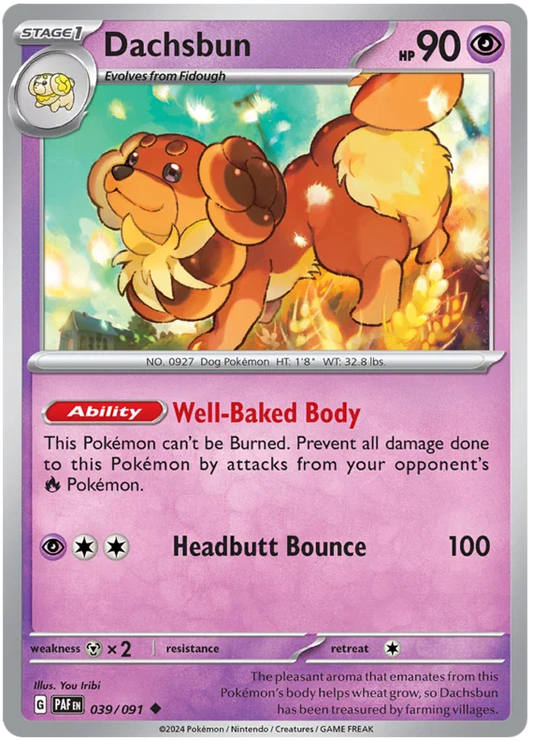 Pokémon Dachsbun common kaart nummer 039 uit de Paldean Fates set