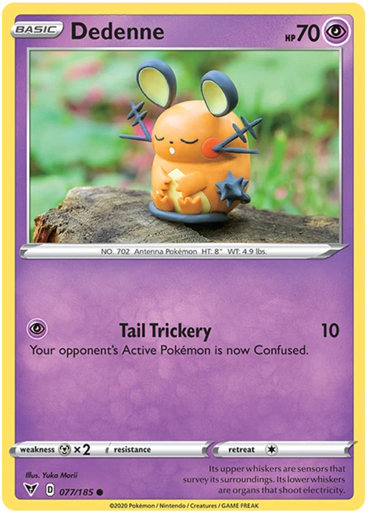 Pokémon Dedenne common kaart uit de Vivid Voltage set, kaartnummer 077/185