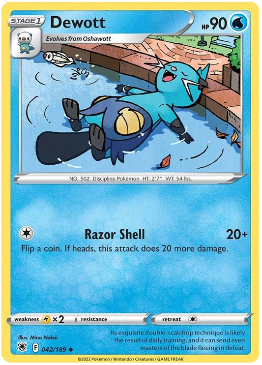 Dewott common kaart 042/189 uit de Pokémon Astral Radiance set met Razor Shell aanval