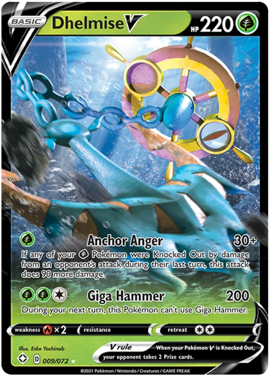 Dhelmise V holografische Pokémon kaart uit Shining Fates, nummer 009/072