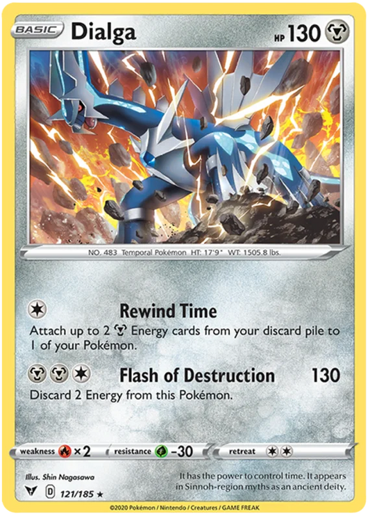 Pokemon Dialga common kaart 121/185 uit Vivid Voltage met Rewind Time en Flash of Destruction