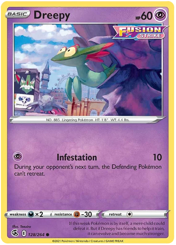 Dreepy common Pokémon kaart nummer 128/264 uit de Fusion Strike set