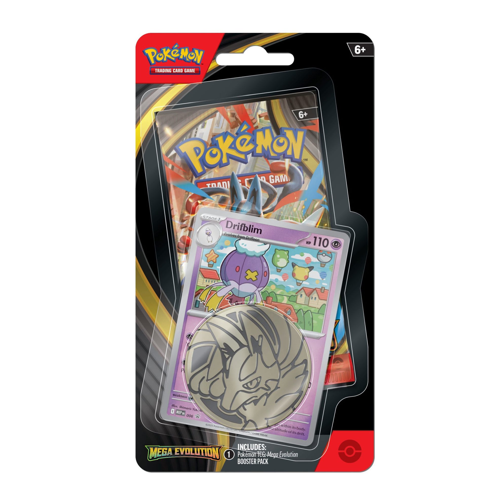 Mega Evolution 1 Pack Premium Checklane met Drifblim promo, Lucario munt en boosterpack.