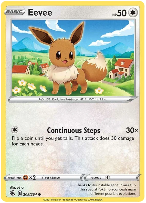 Eevee #205/264 common Pokémon kaart uit de Fusion Strike set met Continuous Steps aanval