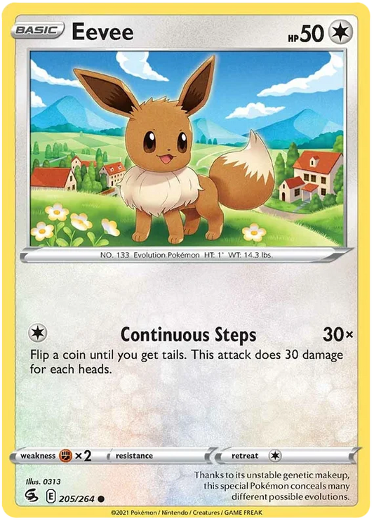 Eevee #205/264 common Pokémon kaart uit de Fusion Strike set met Continuous Steps aanval
