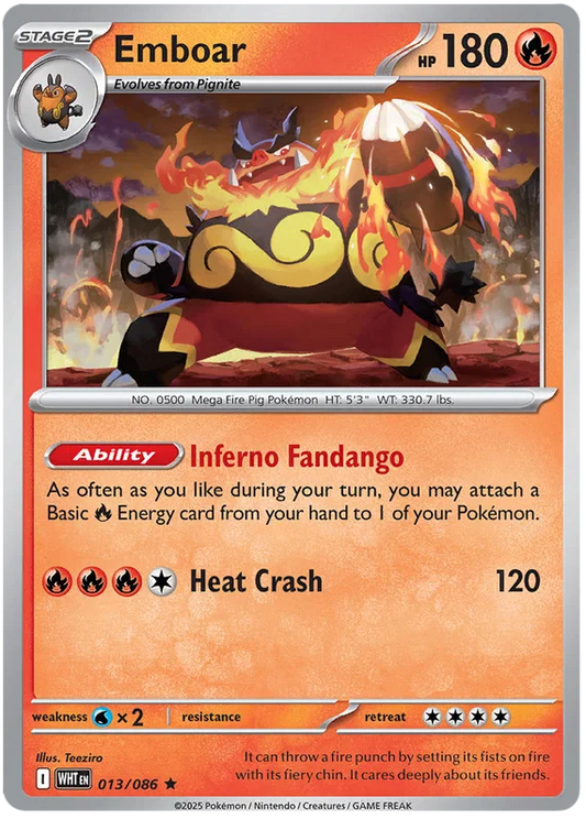 Pokémon Emboar Holo kaart nummer 013 uit de White Flare set