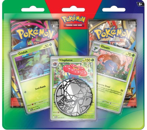 Pokémon TCG Enhanced 2-Pack Blister met Oddish, Gloom, Vileplume promo's, Mega Evolution en Phantasmal Flames boosters.