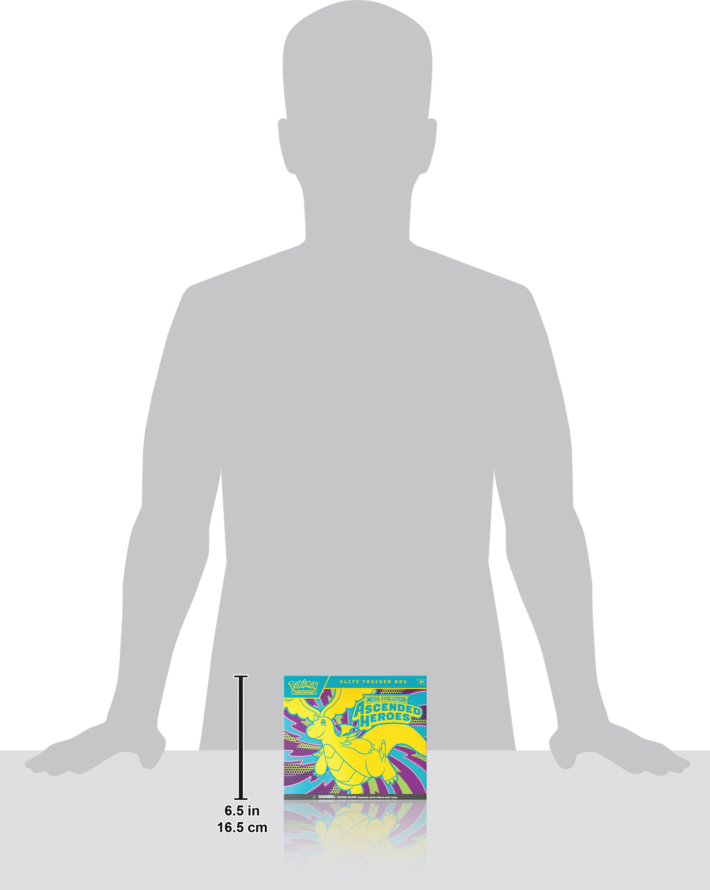 Formaat vergelijking van de Pokémon Ascended Heroes Elite Trainer Box box-afmetingen