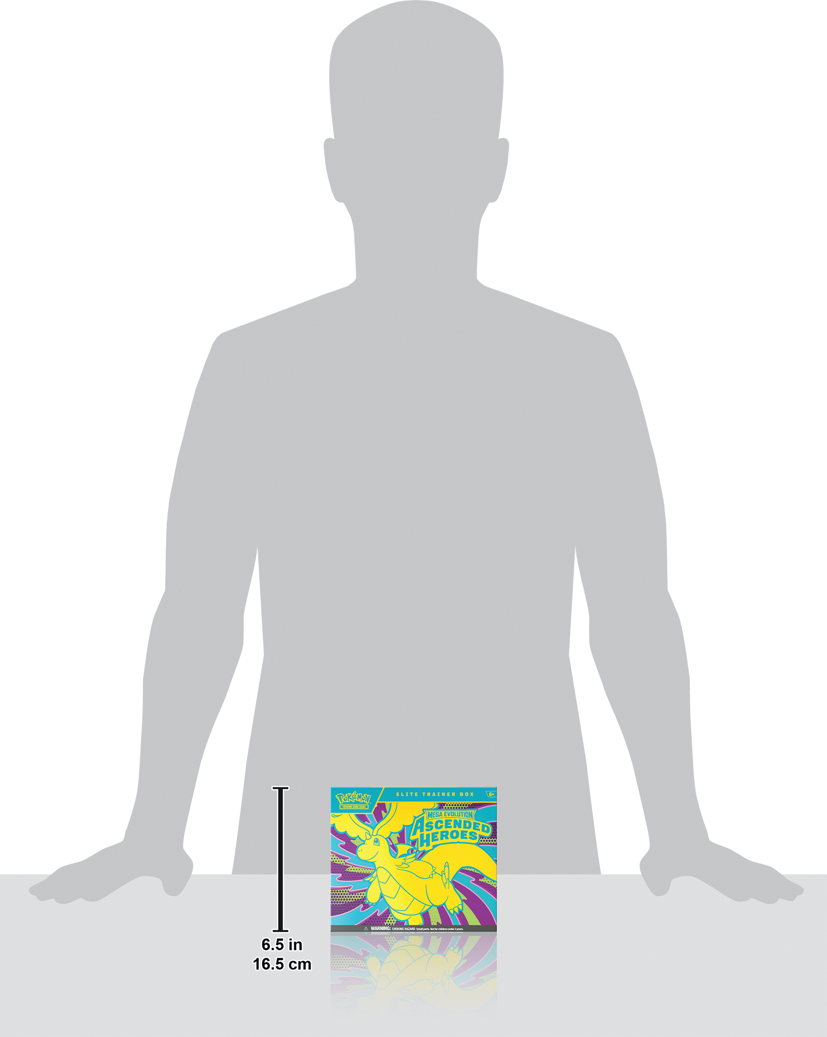 Formaat vergelijking van de Pokémon Ascended Heroes Elite Trainer Box box-afmetingen