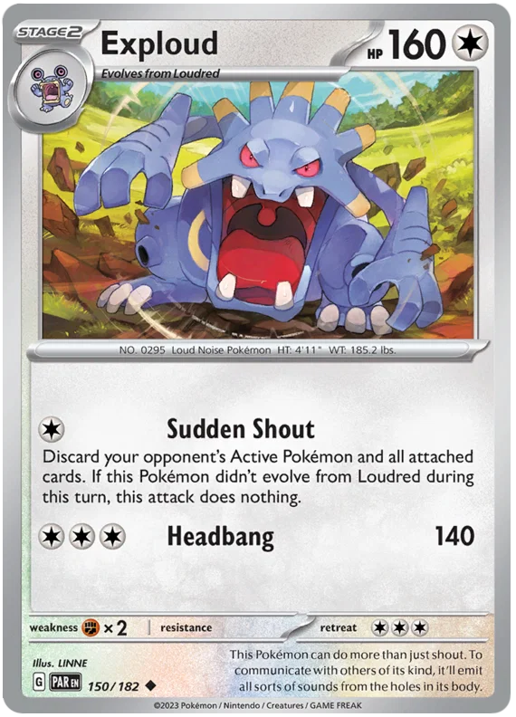 Pokémon Exploud common kaart nummer 150 uit de Paradox Rift set