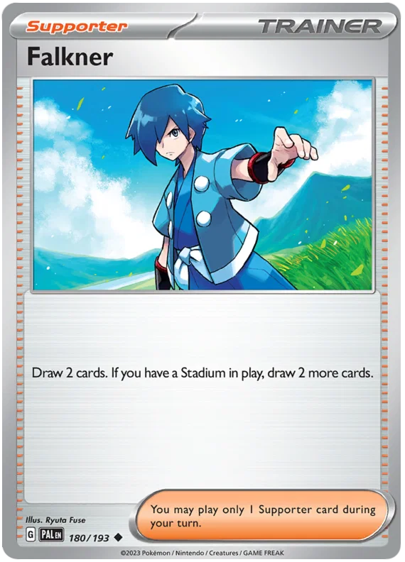 Falkner common trainerkaart nummer 180 uit Pokémon Paldea Evolved