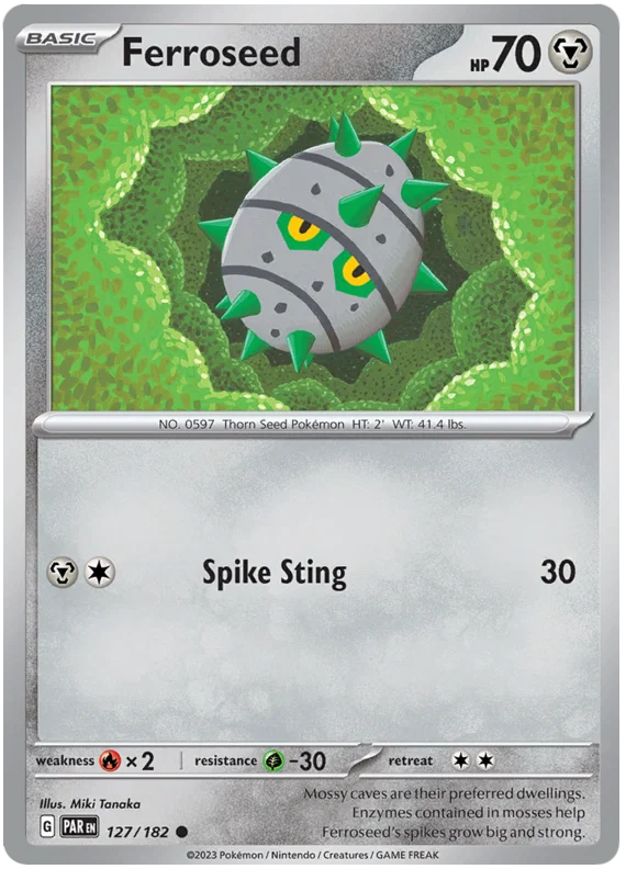 Pokémon Ferroseed common kaart #127 uit de Paradox Rift set