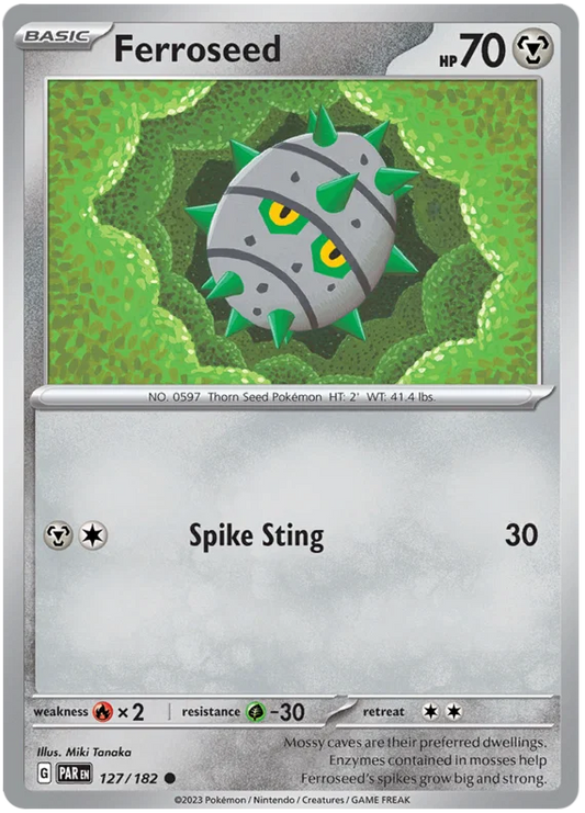Pokémon Ferroseed common kaart #127 uit de Paradox Rift set