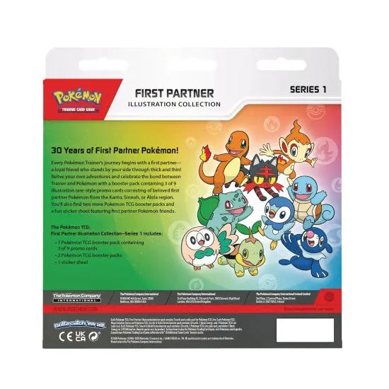 Achterzijde van de First Partner Illustration Collection box met details over de promo kaarten en booster packs.