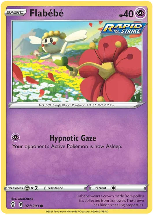 Flabébé common kaart 071/203 uit de Pokémon Evolving Skies set met Hypnotic Gaze aanval
