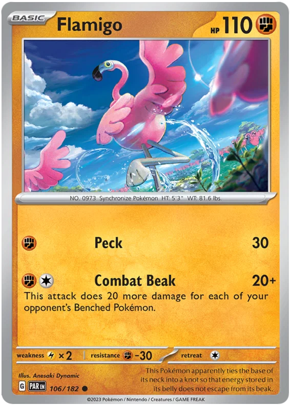 Flamigo common #106 uit de Pokémon Paradox Rift set
