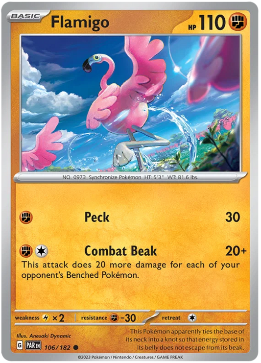 Flamigo common #106 uit de Pokémon Paradox Rift set