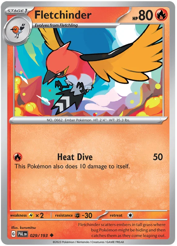 Fletchinder common kaart #029 uit de Pokémon Paldea Evolved set