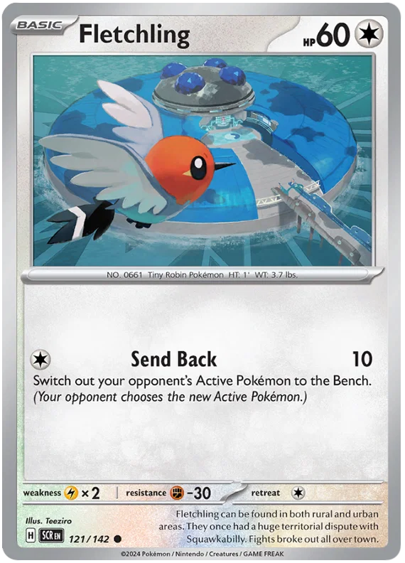 Fletchling common #121 uit de Pokémon Stellar Crown set, losse kaart