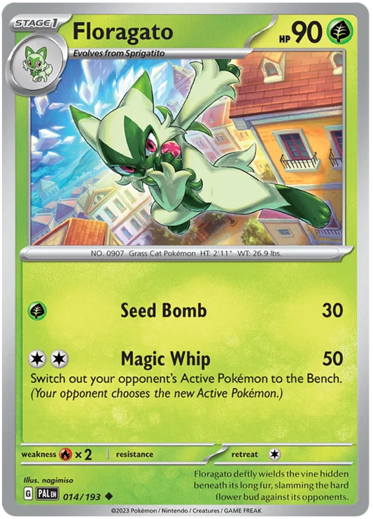 Floragato common pokémon kaart nummer 014 uit de Paldea Evolved set